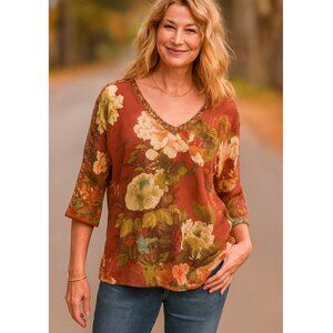 Chico's Floral Botanical Print Knit Pullover Sweater size 1 / US 8